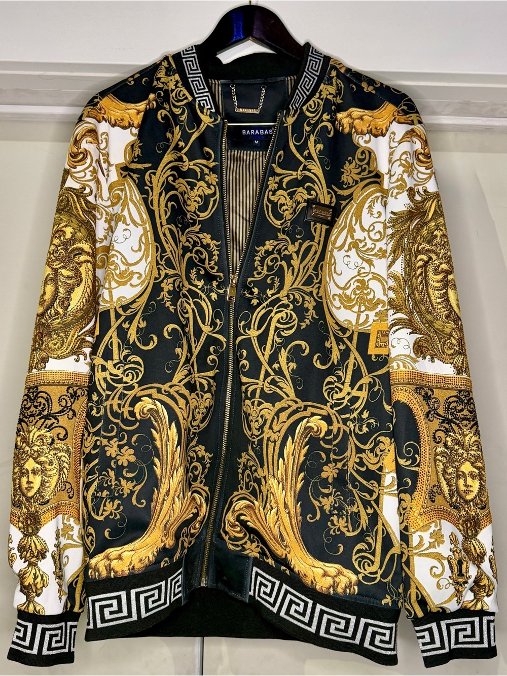 BARABAS Men’s Medusa Baroque Bomber Jacket Black Gold White Size M